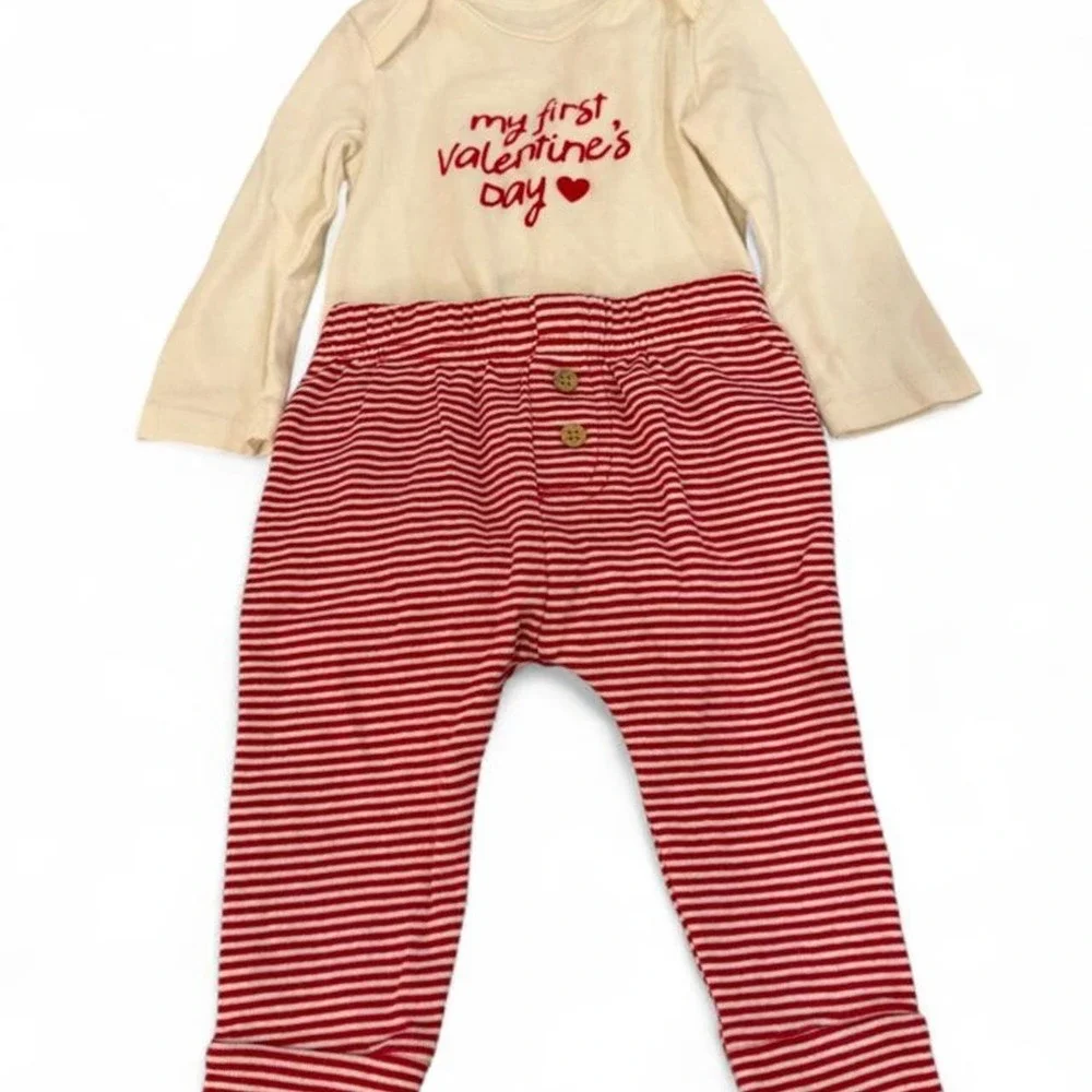 Carters My First Valentines Day Bodysuit and Heart Stripe Pants Set 6M Red Cream